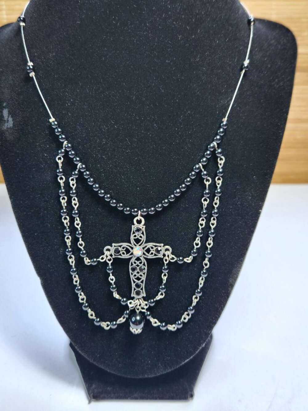 Gothic Victorian Cross Necklace Black Rhinestones Iridescent Center Stone